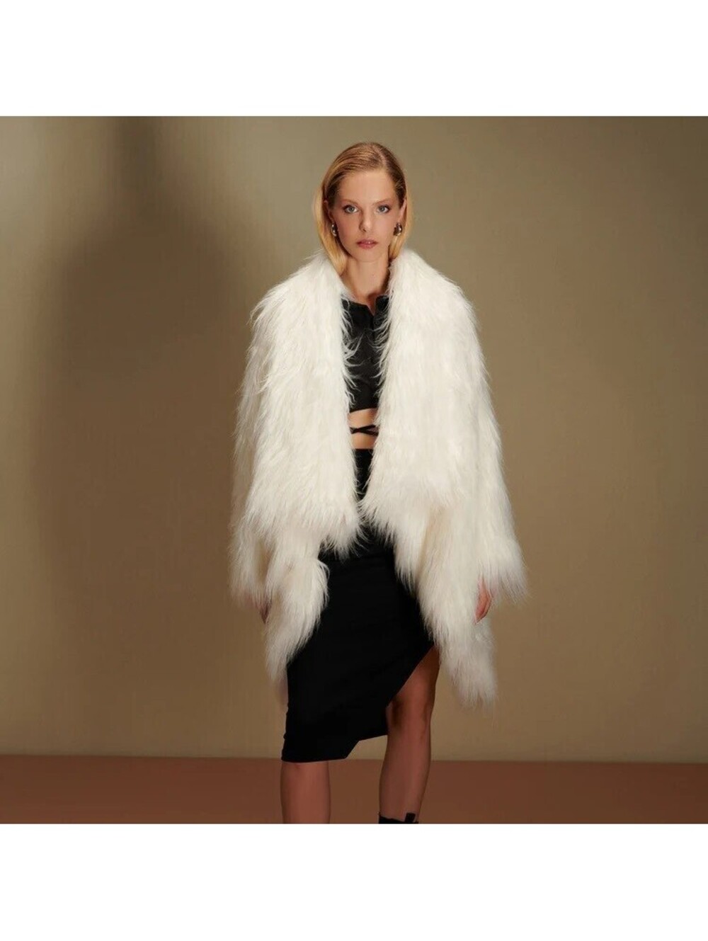 $370 NONAT Sugar Vegan Mongolian Fur Over Coat Shawl Jacket White Women Small XS